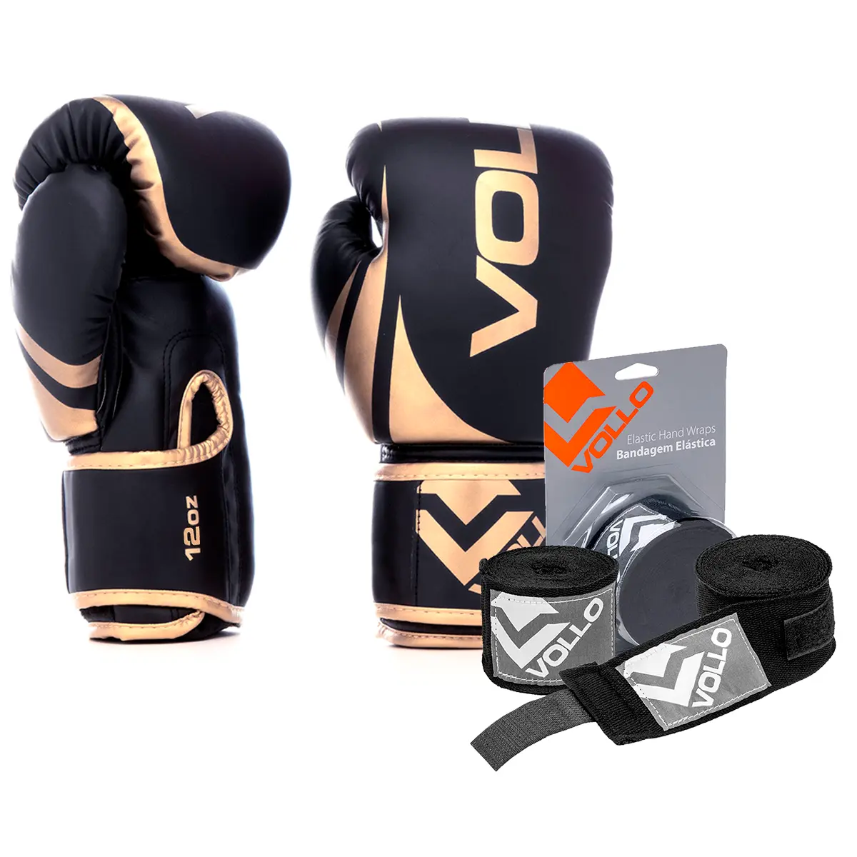VIGOR 黒/金 Kit Luva 12oz Boxe Muay Thai Dourado + Bandagem 3,0M Preta
